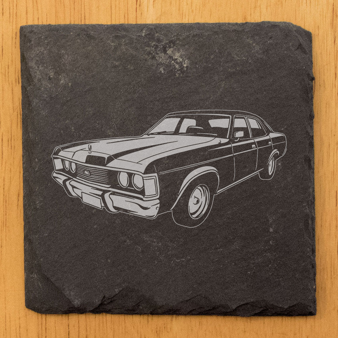 1976 Ford Fairlane ZH Design Rustic Gray Slate Coasters Set of 4 Laser Etched Round or Square Natural Chipped Edge Rubber Feet Great Gift for Holidays Birthdays Housewarming Made in Oregon USA