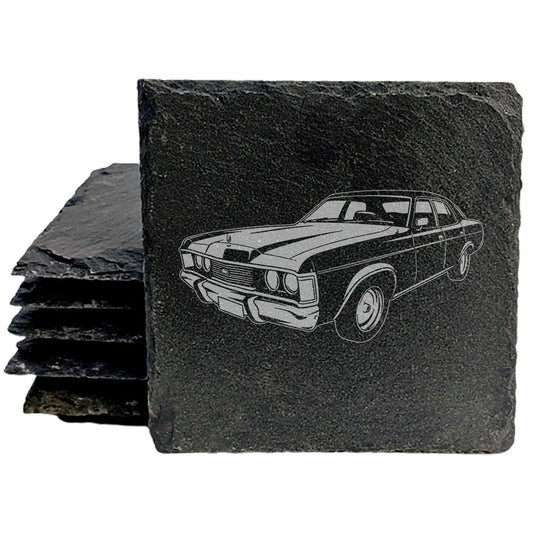 1976 Ford Fairlane ZH Design Rustic Gray Slate Coasters Set of 4 Laser Etched Round or Square Natural Chipped Edge Rubber Feet Great Gift for Holidays Birthdays Housewarming Made in Oregon USA