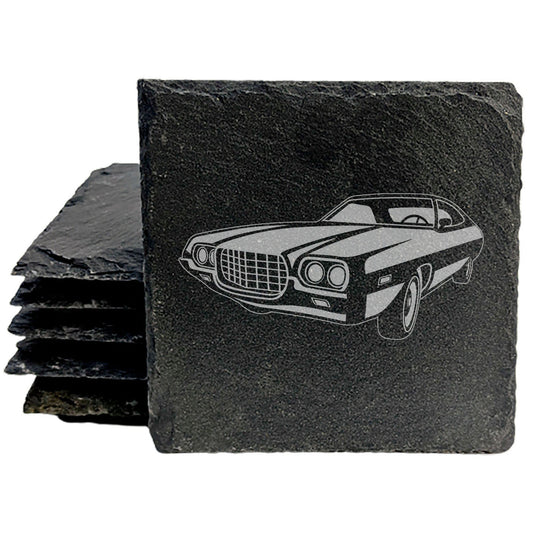 Vintage 1972 Ford Gran Torino Sport Design - Rustic Slate Coasters Set | Laser-Etched Drink Mats for Car Enthusiasts &amp; Home Decor