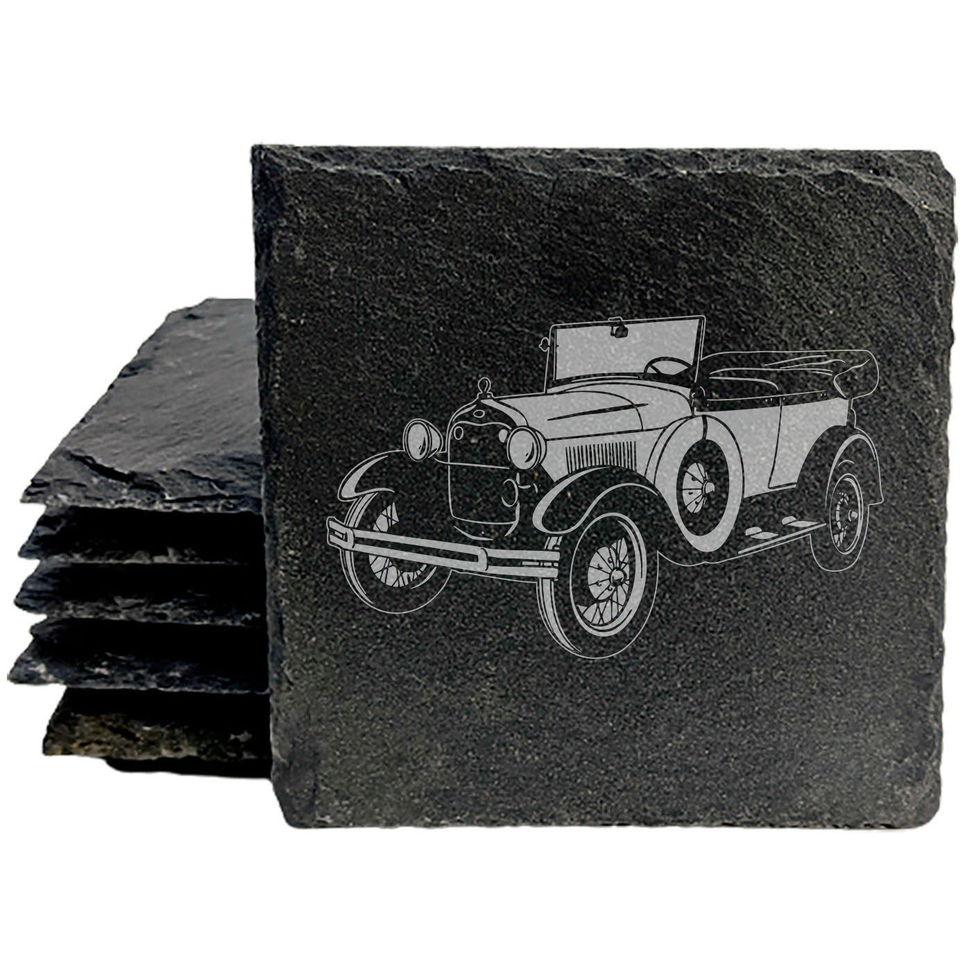 1929 Ford Model T Design Rustic Gray Slate Coasters Set of 4 - Laser Etched, Natural Chipped Edge, Rubber Feet - Perfect for She-Shed or Man Cave Decor, Gift for Holidays &amp; Birthdays - Made in USA