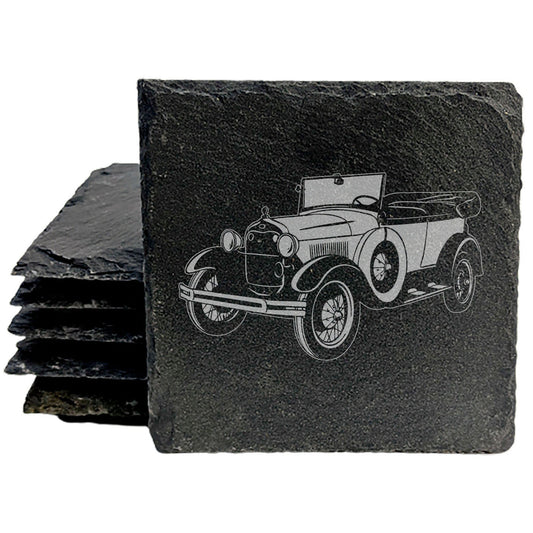 1929 Ford Model T Design Rustic Gray Slate Coasters Set of 4 - Laser Etched, Natural Chipped Edge, Rubber Feet - Perfect for She-Shed or Man Cave Decor, Gift for Holidays &amp; Birthdays - Made in USA