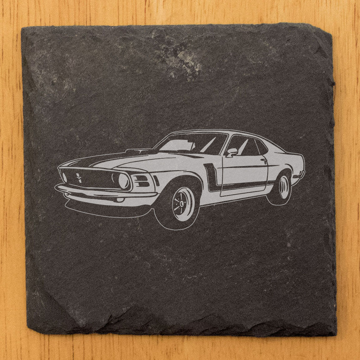 1970 Ford Mustang Boss Laser Etched Rustic Gray Slate Coasters Set of 4 - Perfect All-Occasion Gifts for Holidays, Birthdays, Housewarming - Round or Square with Natural Edge &amp; Rubber Feet USA Made
