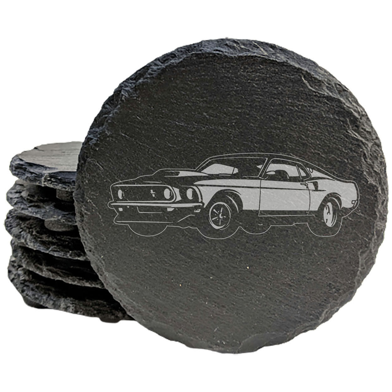 1969 Ford Mustang Boss 429 Design Rustic Gray Slate Coasters Set of 4 - Laser Etched, Natural Chipped Edge, Rubber Feet, Perfect for Holidays &amp; Birthdays - Made in Oregon USA by Small Business