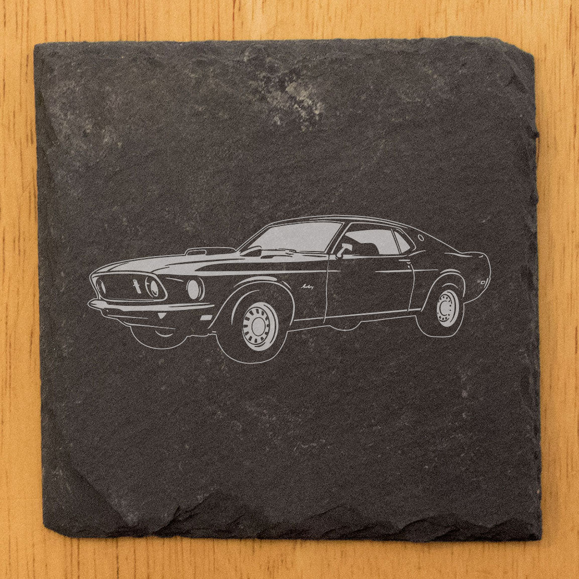 1969 Ford Mustang Fastback Design Rustic Gray Slate Coasters Set of 4 - Laser Etched, Natural Chipped Edge, Rubber Feet - Perfect for Holidays, Birthdays, Housewarming Gifts - Made in Oregon USA