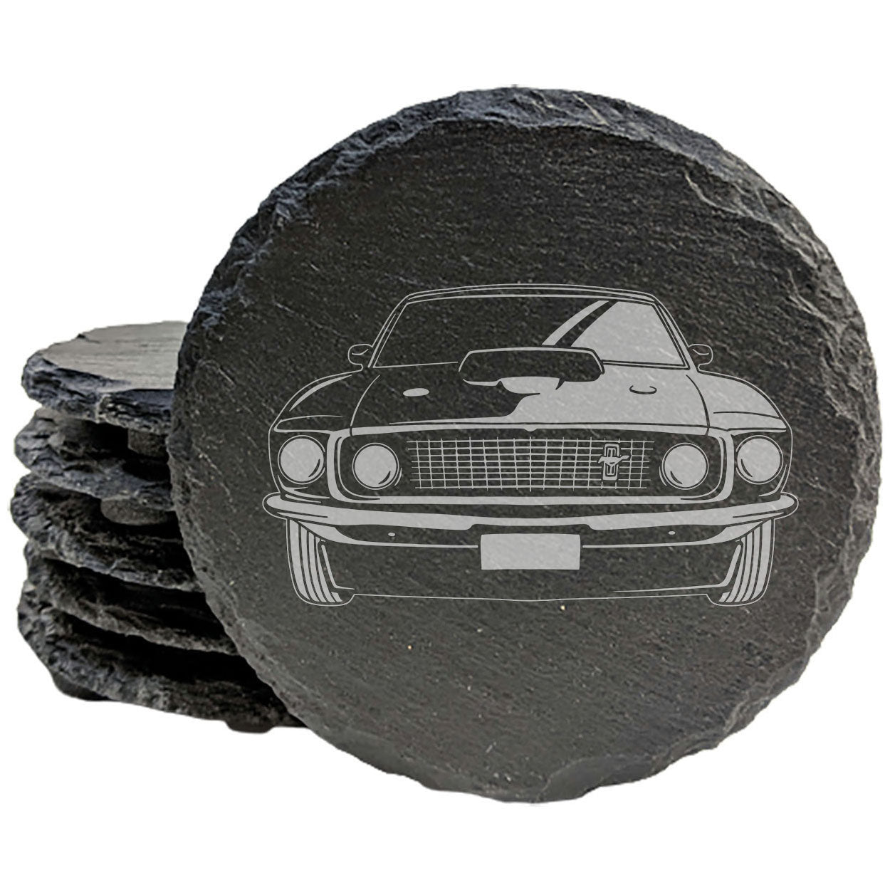 1969 Ford Mustang Fastback Design Rustic Gray Slate Coasters Set of 4 - Laser Etched, Natural Chipped Edge, Rubber Feet - Perfect for Holidays, Birthdays, Housewarming Gifts - Made in Oregon USA