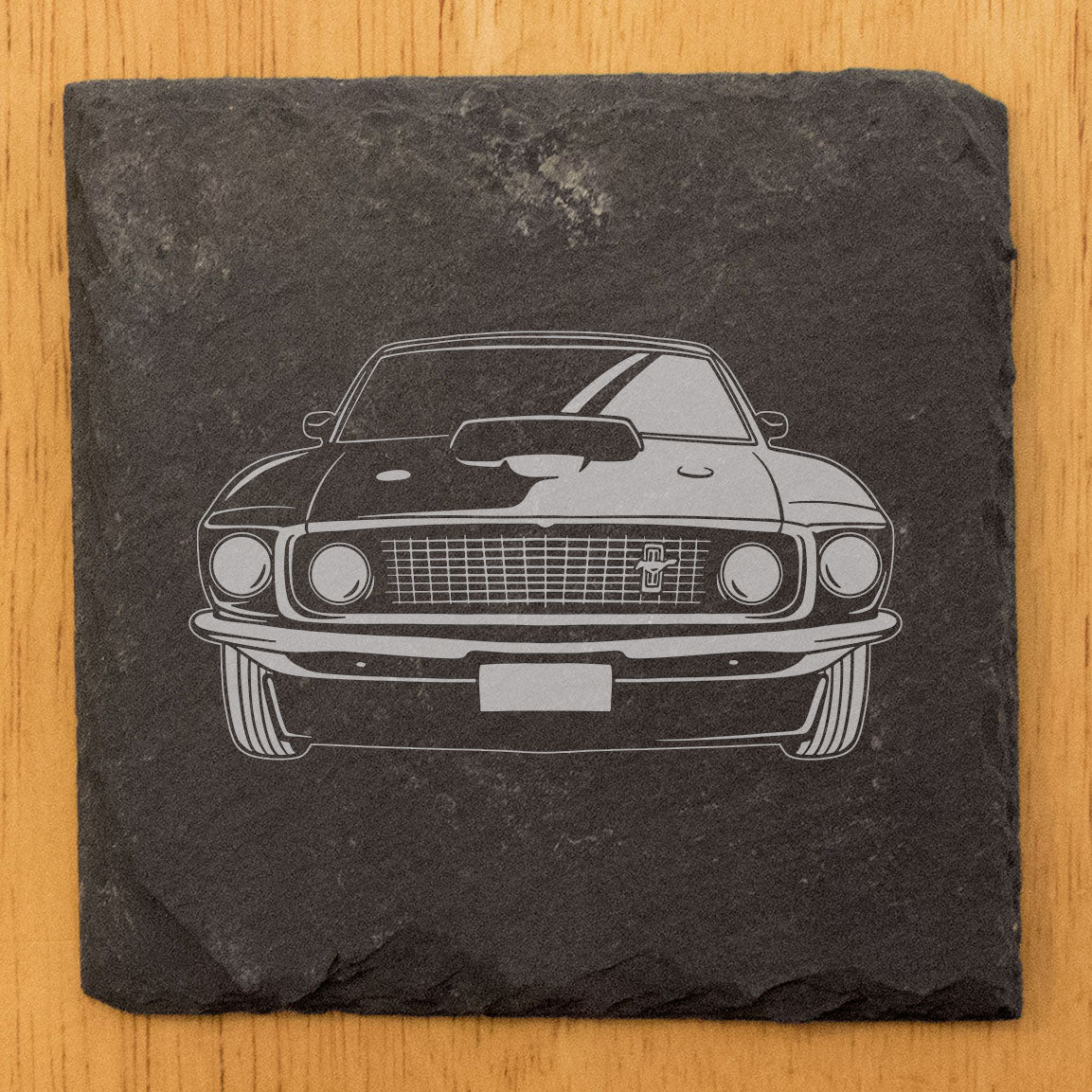 1969 Ford Mustang Fastback Design Rustic Gray Slate Coasters Set of 4 - Laser Etched, Natural Chipped Edge, Rubber Feet - Perfect for Holidays, Birthdays, Housewarming Gifts - Made in Oregon USA