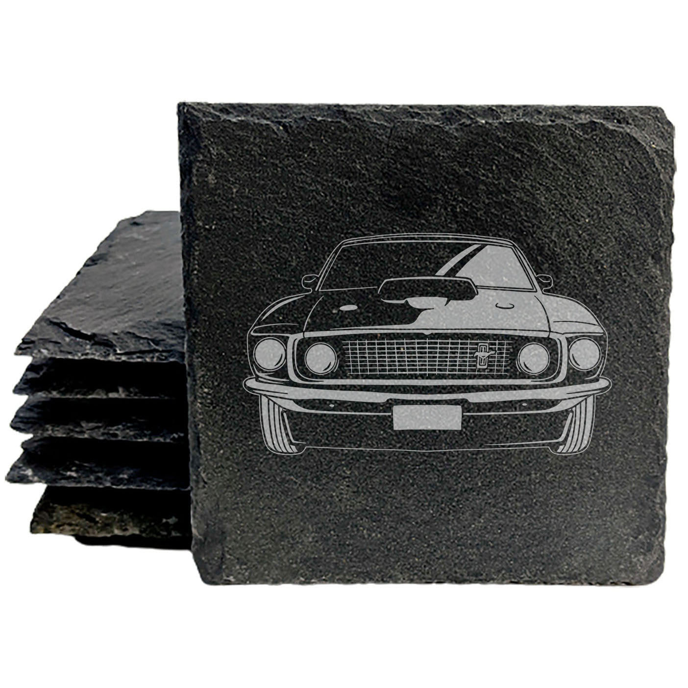 1969 Ford Mustang Fastback Design Rustic Gray Slate Coasters Set of 4 - Laser Etched, Natural Chipped Edge, Rubber Feet - Perfect for Holidays, Birthdays, Housewarming Gifts - Made in Oregon USA