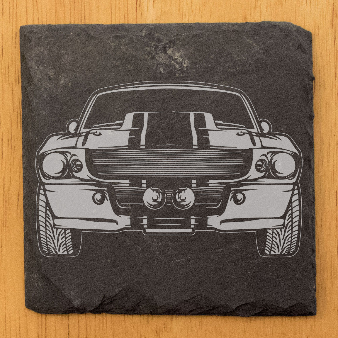 Ford Mustang Shelby GT500 Design Rustic Gray Slate Coasters Set of 4 - Laser Etched, Natural Chipped Edge, Rubber Feet - Perfect for She-Shed or Man Cave, Gifts for Holidays &amp; Birthdays - Made in USA