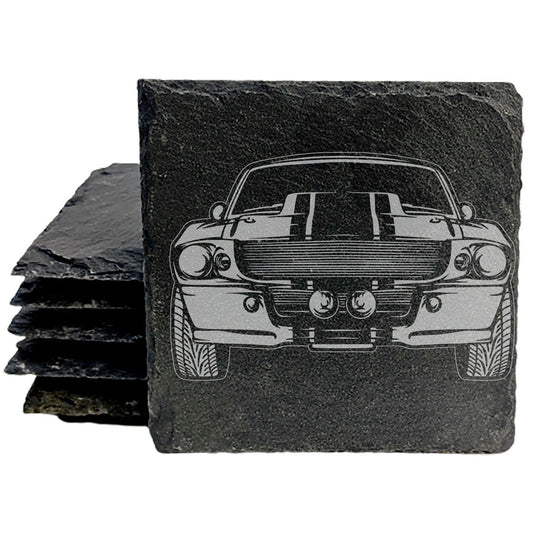 Ford Mustang Shelby GT500 Design Rustic Gray Slate Coasters Set of 4 - Laser Etched, Natural Chipped Edge, Rubber Feet - Perfect for She-Shed or Man Cave, Gifts for Holidays &amp; Birthdays - Made in USA