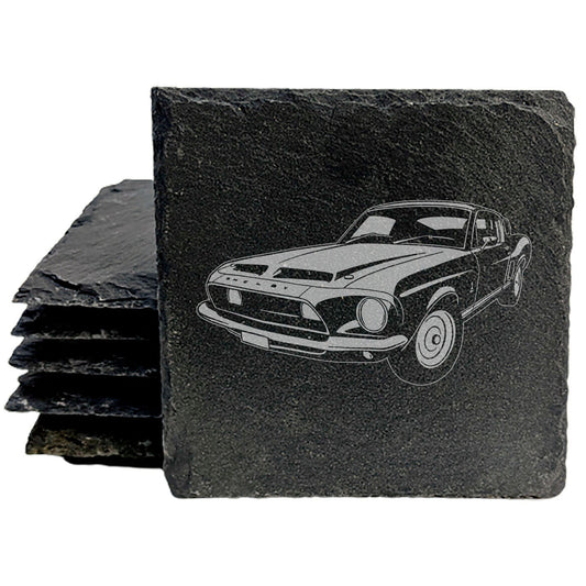 Ford Mustang Shelby GT500 Design Rustic Gray Slate Coasters Set of 4 - Laser Etched, Natural Chipped Edge, Rubber Feet - Perfect Gift for Holidays, Birthdays, Housewarming - Made in Oregon USA
