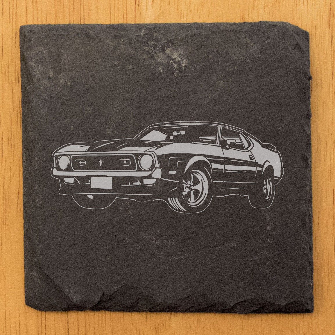 Ford Mustang Design Rustic Gray Slate Coasters Set of 4 - Laser Etched, Natural Chipped Edge, Rubber Feet, Round or Square Options - Perfect Gift for Holidays, Birthdays, Housewarming - Made in USA