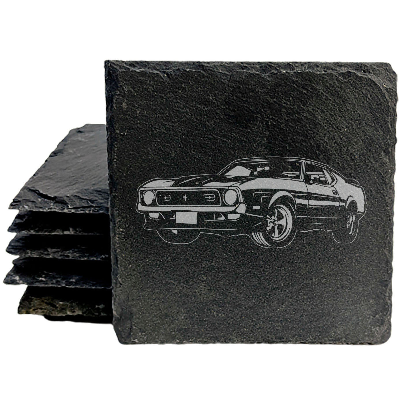Ford Mustang Design Rustic Gray Slate Coasters Set of 4 - Laser Etched, Natural Chipped Edge, Rubber Feet, Round or Square Options - Perfect Gift for Holidays, Birthdays, Housewarming - Made in USA