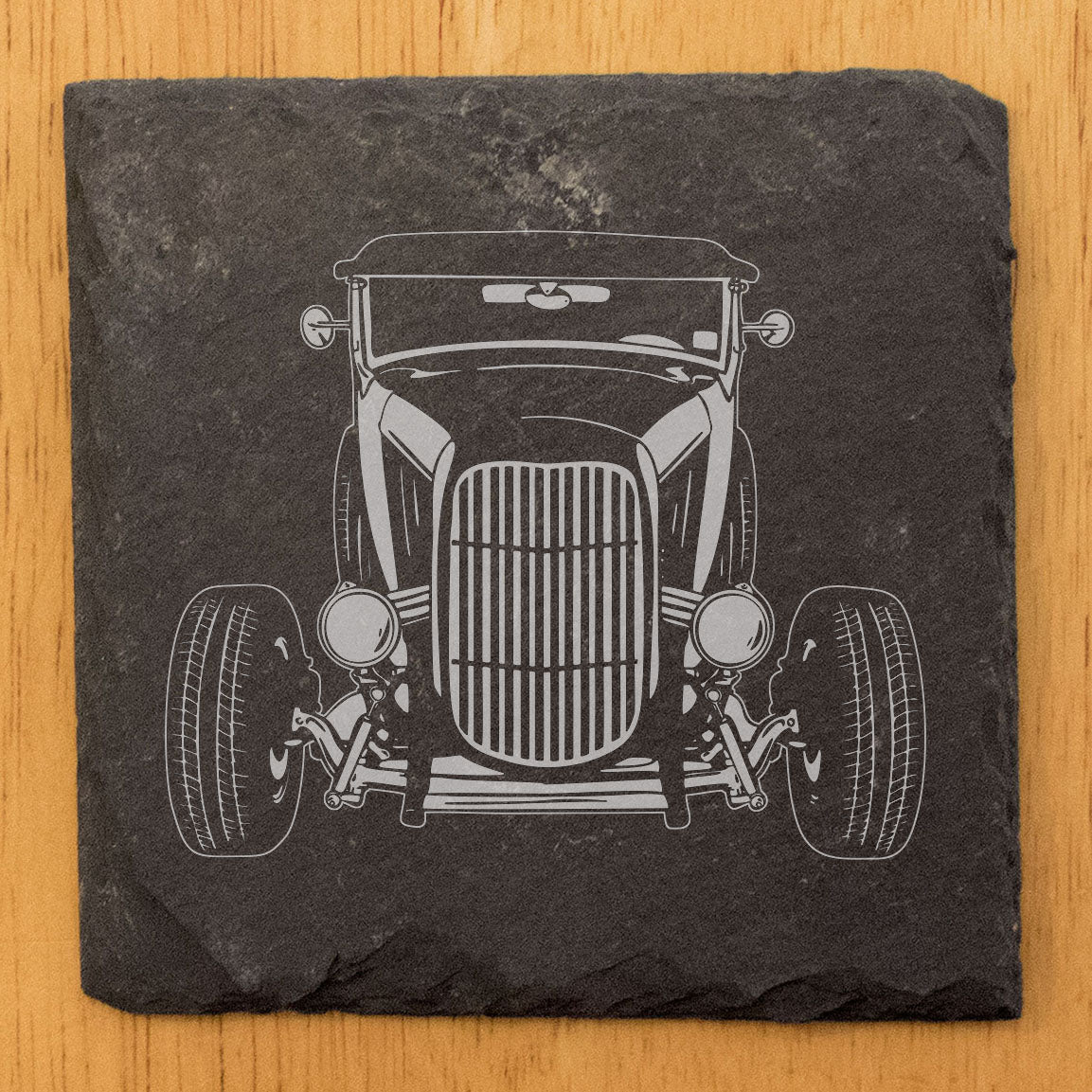 1932 Ford Roadster Design Rustic Gray Slate Coasters Set of 4 - Laser Etched, Natural Chipped Edge, Rubber Feet - Perfect for Holidays, Birthdays, Housewarming - Made in Oregon USA by Small Business