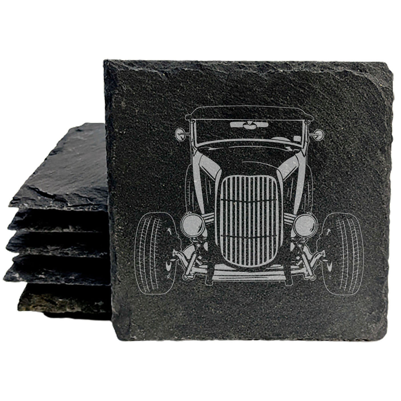 1932 Ford Roadster Design Rustic Gray Slate Coasters Set of 4 - Laser Etched, Natural Chipped Edge, Rubber Feet - Perfect for Holidays, Birthdays, Housewarming - Made in Oregon USA by Small Business