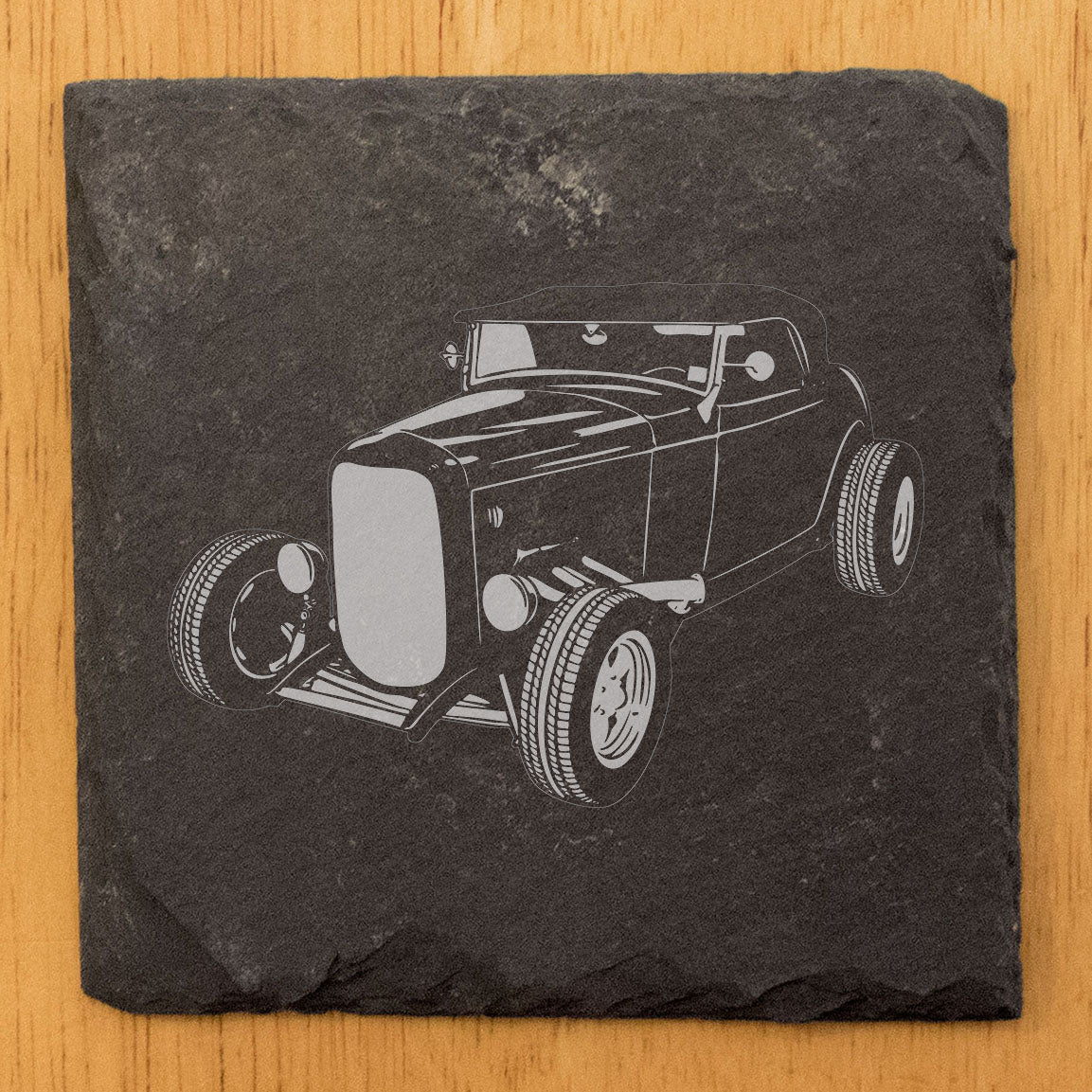 1932 Ford Roadster Design Rustic Gray Slate Coasters Set of 4 - Laser Etched, Natural Chipped Edge, Rubber Feet - Perfect for Holidays, Birthdays, Housewarming - Made in Oregon USA by Small Business