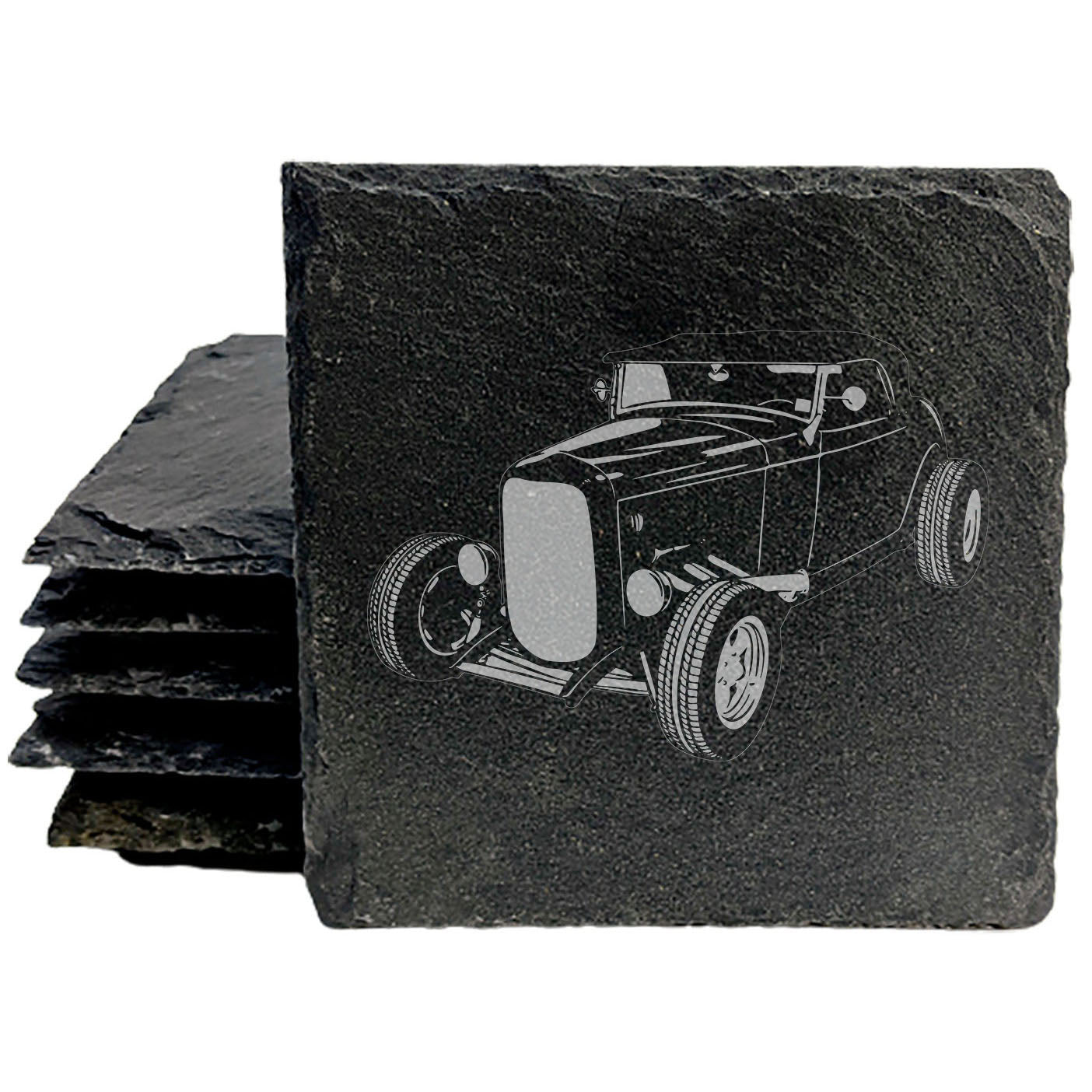 1932 Ford Roadster Design Rustic Gray Slate Coasters Set of 4 - Laser Etched, Natural Chipped Edge, Rubber Feet - Perfect for Holidays, Birthdays, Housewarming - Made in Oregon USA by Small Business