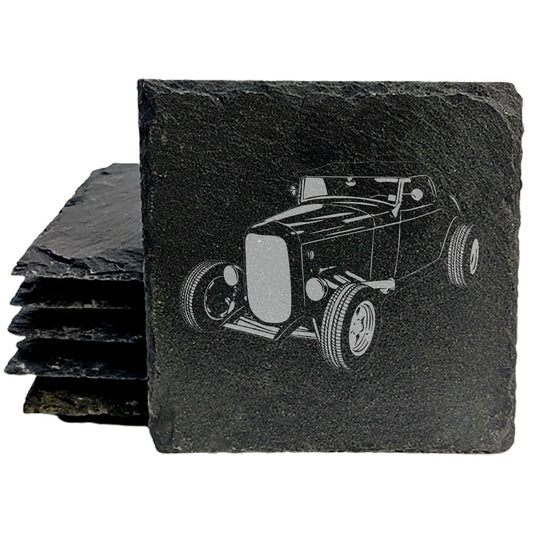 1932 Ford Roadster Design Rustic Gray Slate Coasters Set of 4 - Laser Etched, Natural Chipped Edge, Rubber Feet - Perfect for Holidays, Birthdays, Housewarming - Made in Oregon USA by Small Business