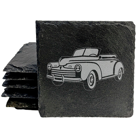 Rustic Slate Coasters Set | Laser-Etched 1946 Ford Super Deluxe Design | Vintage-Inspired Drink Mats for Home Decor &amp; Car Enthusiasts