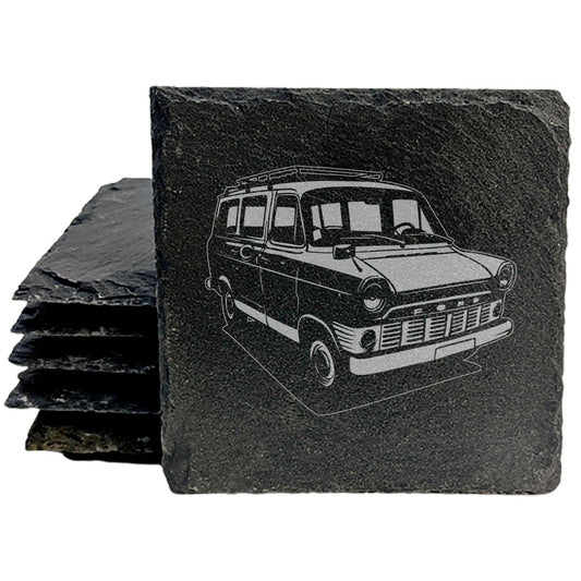 1965 Ford Transit MK1 Van Design Rustic Gray Slate Coasters Set of 4 - Perfect for She-Shed, Man Cave, Holidays &amp; Birthdays - Natural Chipped Edge with Rubber Feet - Made in Oregon by Small Business
