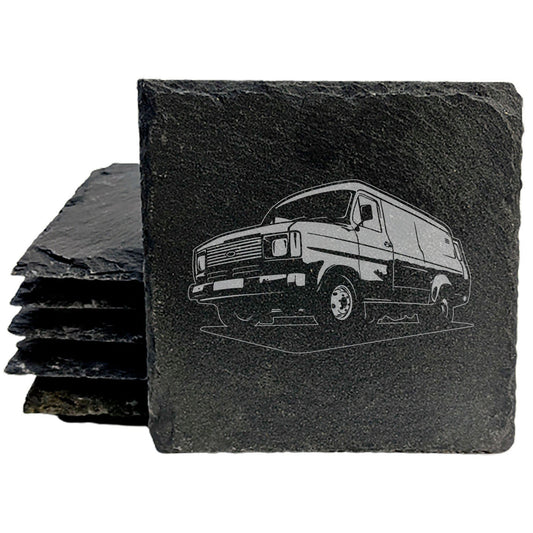 Ford Transit MK2 Van Design Rustic Gray Slate Coasters Set of 4 - Laser Etched, Natural Chipped Edge, Rubber Feet, Round or Square Options - Perfect for Birthdays &amp; Housewarming by Oregon Small Biz