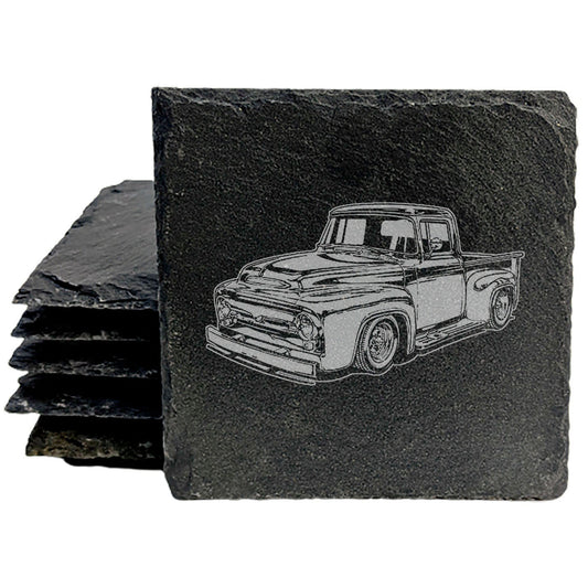 Vintage-Inspired Rustic Slate Coasters Set | Laser-Etched '56 Ford Truck Design | Protective Rubber Feet | Home Decor and Drinkware Accent