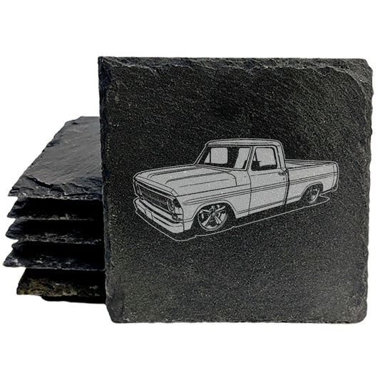 Vintage 70's Ford Truck Design Rustic Slate Coasters | Laser-Etched Home Decor Drink Mats