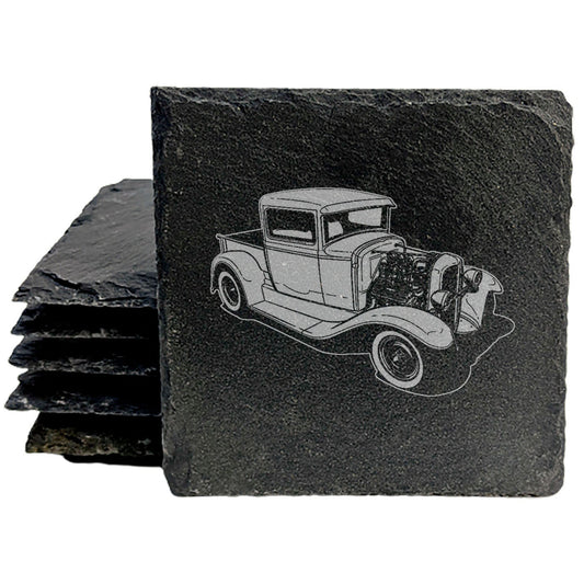 Handcrafted Rustic Slate Coasters Set with Laser-Etched 32 Ford Truck Hotrod Design - Stylish Drink Coasters for Home Decor and Car Enthusiasts