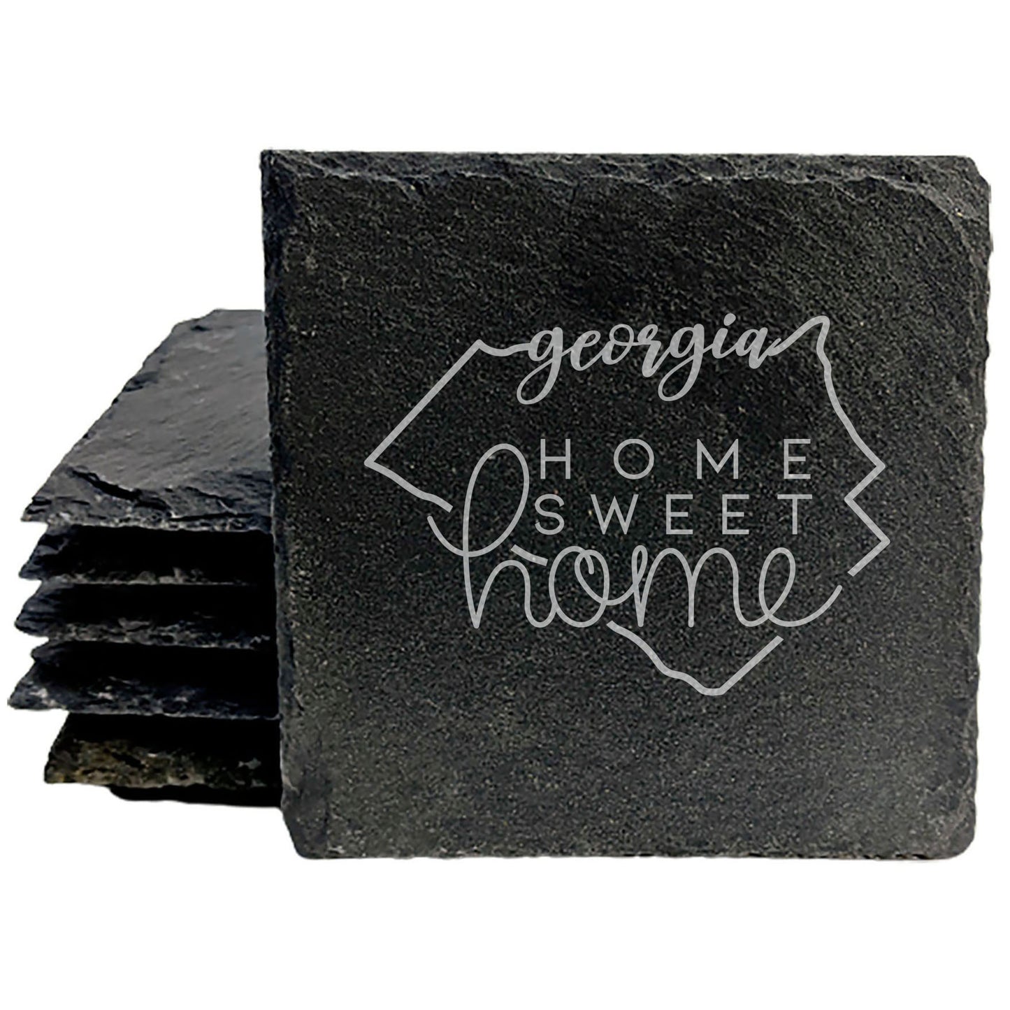 Rustic Slate Coasters Set of 4, Round 4" with Georgia State Design, 'Home Sweet Home' Laser Etched, Perfect for Gifts - Holidays, Birthdays, Housewarming, She-Shed, Man Cave, Made in Oregon, USA