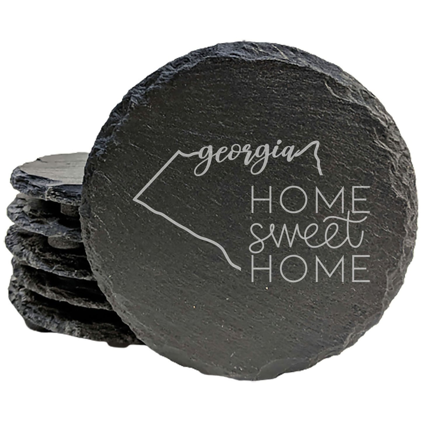 Rustic Slate Coasters Set of 4, Round 4" with Georgia State Design, 'Home Sweet Home' Laser Etched, Perfect for Gifts - Holidays, Birthdays, Housewarming, Made in Oregon, USA, Natural Edge