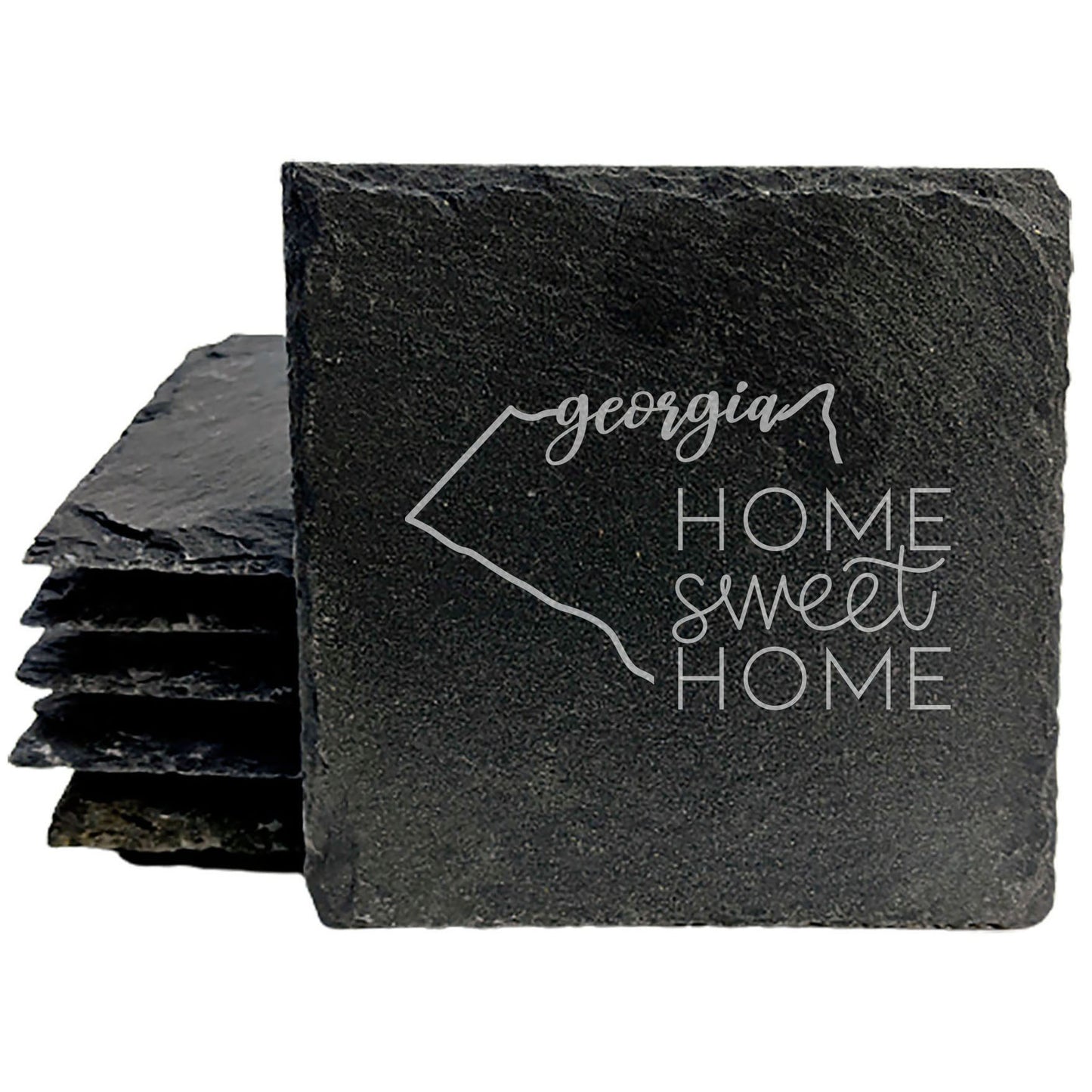 Rustic Slate Coasters Set of 4, Round 4" with Georgia State Design, 'Home Sweet Home' Laser Etched, Perfect for Gifts - Holidays, Birthdays, Housewarming, Made in Oregon, USA, Natural Edge