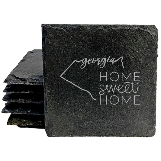 Rustic Slate Coasters Set of 4, Round 4" with Georgia State Design, 'Home Sweet Home' Laser Etched, Perfect for Gifts - Holidays, Birthdays, Housewarming, Made in Oregon, USA, Natural Edge