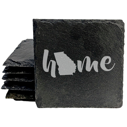 Rustic Slate Coasters Set of 4 - Laser Etched 'Home' Design with Georgia State - Perfect Gift for Holidays, Birthdays, Housewarming - 4" Round/Square - Made in Oregon, USA - Natural Chipped Edge