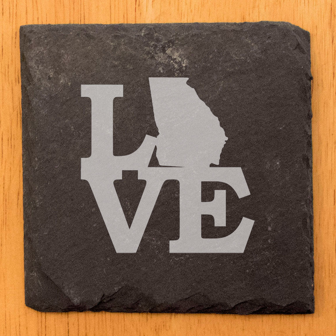 Rustic Slate Coasters Set of 4, Round 4" with 'LOVE' Georgia Design, Perfect Gift for Holidays, Birthdays, Housewarming, She-Shed, Man Cave, Made in Oregon, USA, Natural Chipped Edge, Rubber Feet