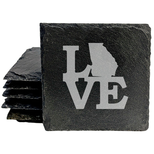 Rustic Slate Coasters Set of 4, Round 4" with 'LOVE' Georgia Design, Perfect Gift for Holidays, Birthdays, Housewarming, She-Shed, Man Cave, Made in Oregon, USA, Natural Chipped Edge, Rubber Feet