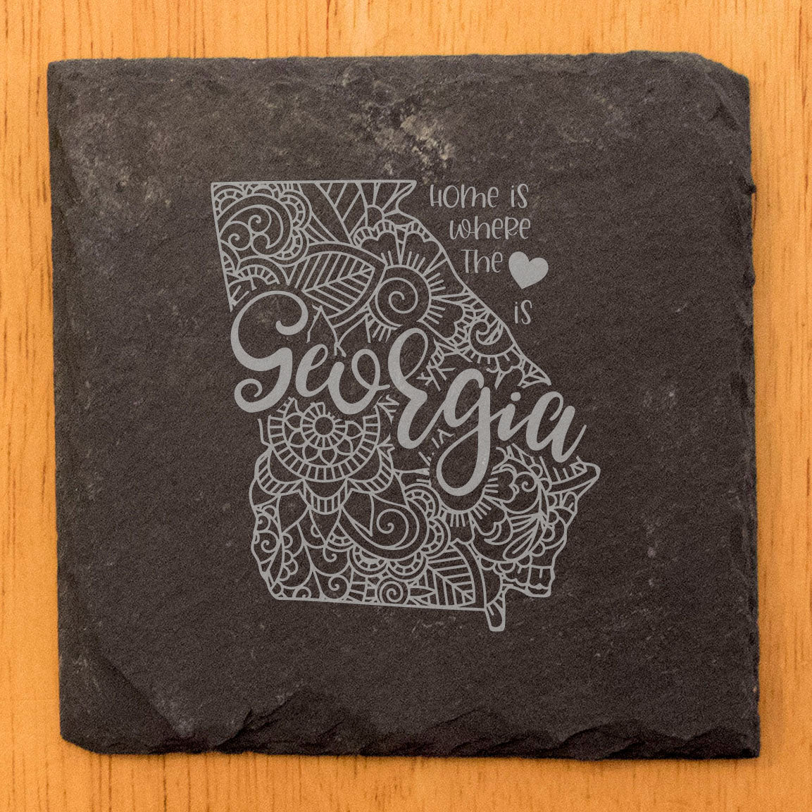Rustic Slate Coasters Set of 4, Round 4" with Georgia Mandala Design, 'Home is Where the Heart Is' Quote, Perfect Gift for Holidays, Birthdays, Housewarming, Made in Oregon, USA, Small Business