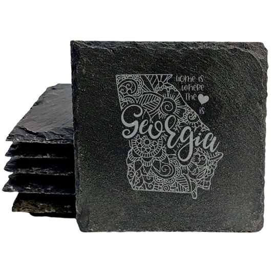 Rustic Slate Coasters Set of 4, Round 4" with Georgia Mandala Design, 'Home is Where the Heart Is' Quote, Perfect Gift for Holidays, Birthdays, Housewarming, Made in Oregon, USA, Small Business