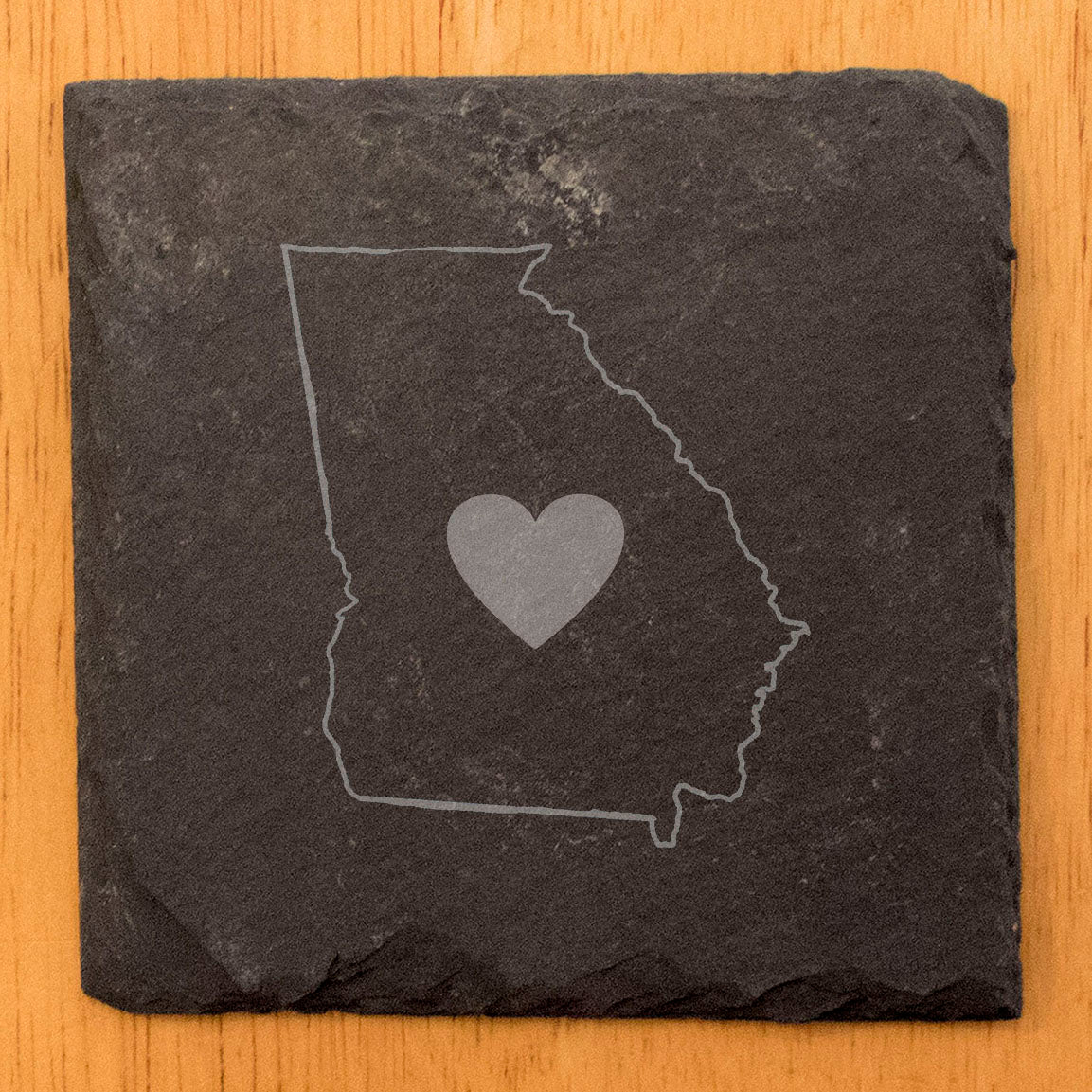 Rustic Slate Coasters Set of 4 - Round 4" with Georgia Heart Design, Laser Etched, Natural Chipped Edge, Rubber Feet,  - Perfect for Holidays, Birthdays - Made in Oregon, USA