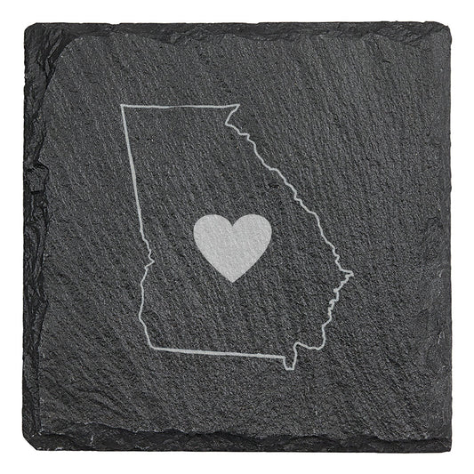 Rustic Slate Coasters Set of 4 - Round 4" with Georgia Heart Design, Laser Etched, Natural Chipped Edge, Rubber Feet,  - Perfect for Holidays, Birthdays - Made in Oregon, USA
