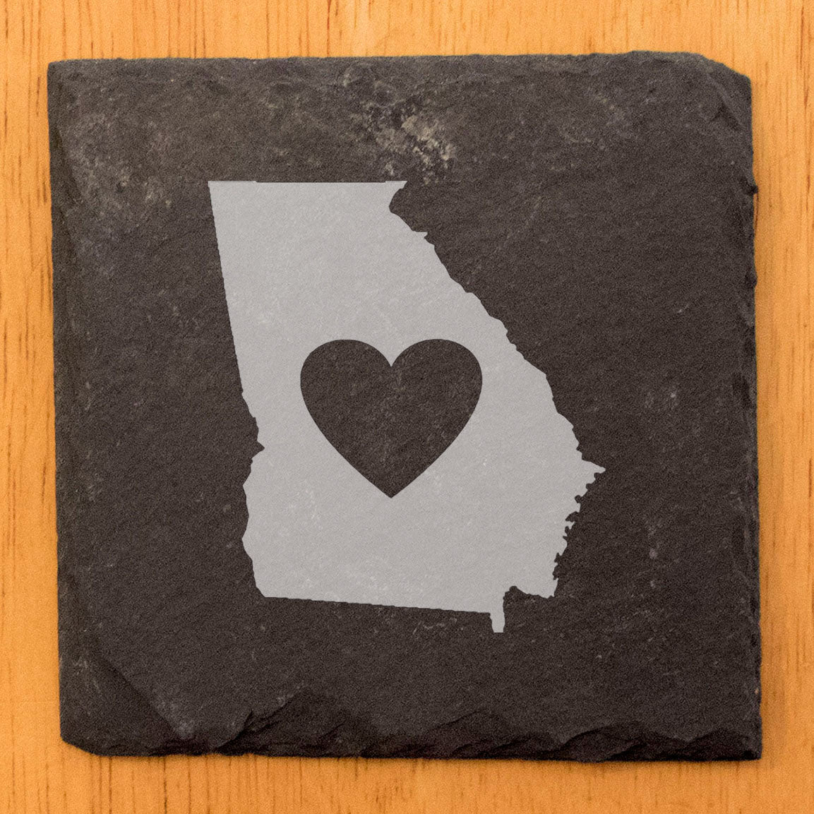 Rustic Slate Coasters Set of 4 - Laser Etched Georgia Design with Heart - Perfect Gift for Holidays, Birthdays, Housewarming - 4" Round, Natural Chipped Edge, Rubber Feet - Made in Oregon, USA