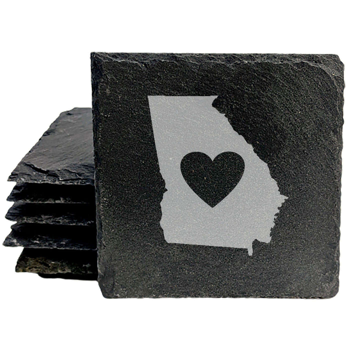 Rustic Slate Coasters Set of 4 - Laser Etched Georgia Design with Heart - Perfect Gift for Holidays, Birthdays, Housewarming - 4" Round, Natural Chipped Edge, Rubber Feet - Made in Oregon, USA