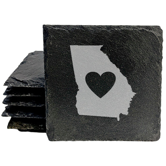 Rustic Slate Coasters Set of 4 - Laser Etched Georgia Design with Heart - Perfect Gift for Holidays, Birthdays, Housewarming - 4" Round, Natural Chipped Edge, Rubber Feet - Made in Oregon, USA