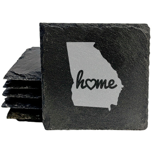 Rustic Slate Coasters Set of 4, Round 4" with Georgia 'Home' Heart Design, Perfect for Holidays, Birthdays, Housewarming Gifts, She-Shed or Man Cave, Made in Oregon, USA by Small Business