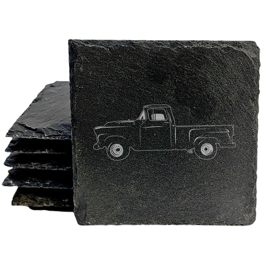 Vintage-Inspired Rustic Slate Coasters Set with Laser-Etched 1950 GMC 100 Pickup Design - Home Decor &amp; Drink Protection for Classic Car Enthusiasts