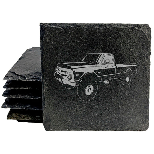 Premium Rustic Slate Coasters Set with Laser-Etched 1970 GMC Pickup Design | Stylish Drink Coasters for Home Decor and Gifts
