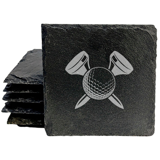 Laser Etched Slate Coasters: Golfer Gift - "Fore!" With Ball &amp; Tees