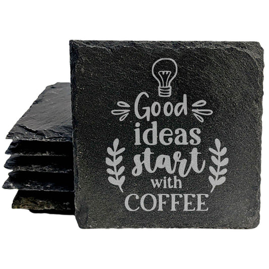 "Good Ideas Begin with Coffee" Coasters: Motivational Quote, Laser Etched Slate
