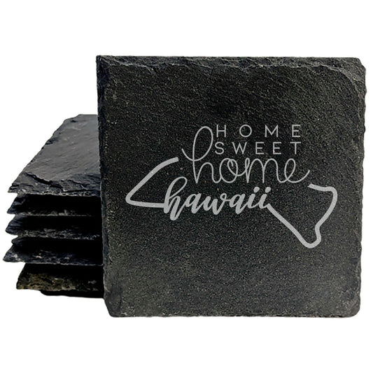 Rustic Slate Coasters Set of 4, Round 4" with Hawaii Design, 'Home Sweet Home' Laser Etched, Perfect Gift for Holidays, Birthdays, Housewarming, Made in Oregon, USA, Natural Chipped Edge