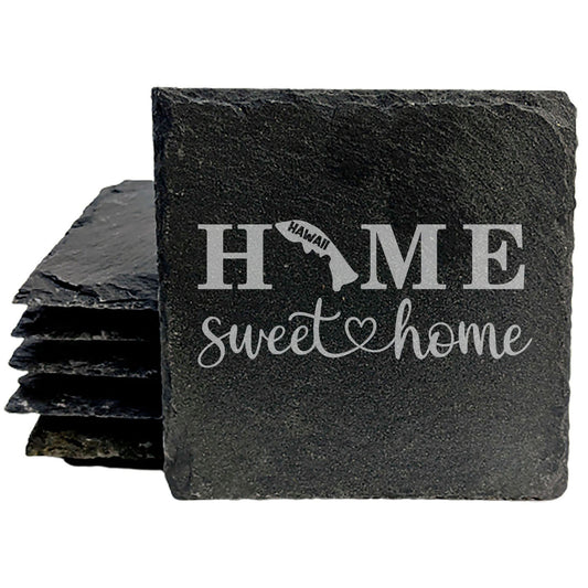 Rustic Slate Coasters Set of 4, Round 4" with 'HOME SWEET HOME' Hawaii Design, Perfect Gift for Holidays, Birthdays, Housewarming, She-Shed, Man Cave, Made in Oregon, USA, Natural Chipped Edge