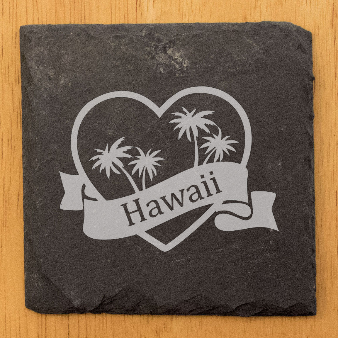 Rustic Slate Coasters Set of 4, Laser Etched Hawaii Design, Heart Center, 4" Round, Natural Chipped Edge, Rubber Feet, , Perfect for Holidays, Birthdays, Housewarming, Made in USA