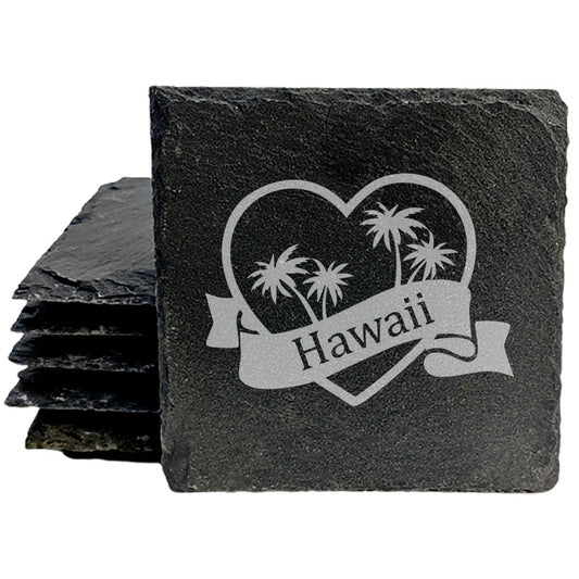 Rustic Slate Coasters Set of 4, Laser Etched Hawaii Design, Heart Center, 4" Round, Natural Chipped Edge, Rubber Feet, , Perfect for Holidays, Birthdays, Housewarming, Made in USA